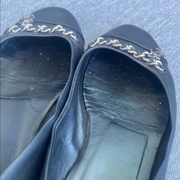 Chanel Black Leather Flats with Silver Chain