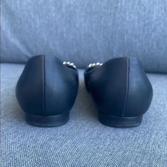 Chanel Black Leather Flats with Silver Chain