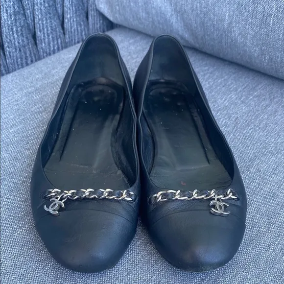Chanel Black Leather Flats with Silver Chain