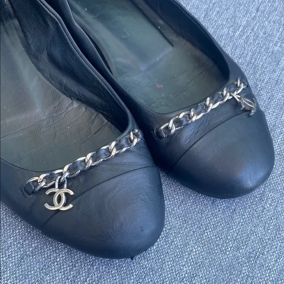 Chanel Black Leather Flats with Silver Chain