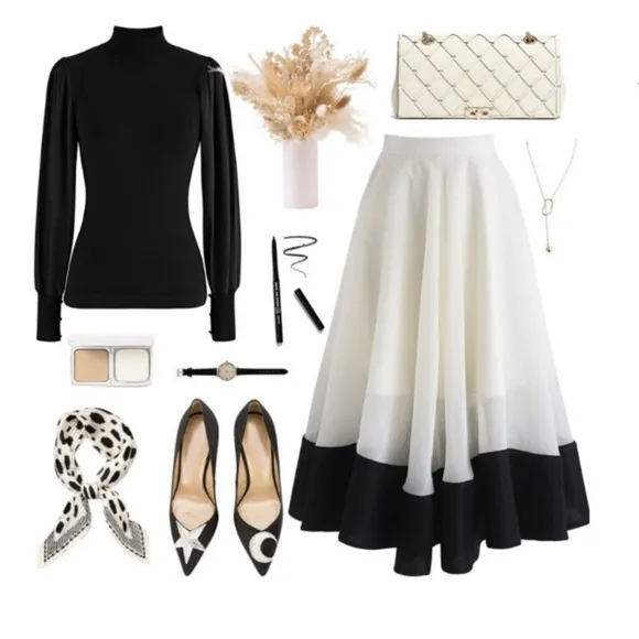 CHICWISH Swing in the Breeze Cream ivory Black Colorblock Full Circle Skirt NWT