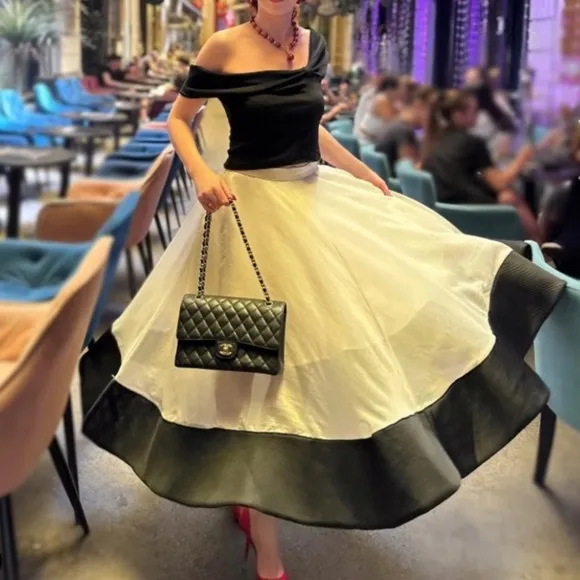 CHICWISH Swing in the Breeze Cream ivory Black Colorblock Full Circle Skirt NWT