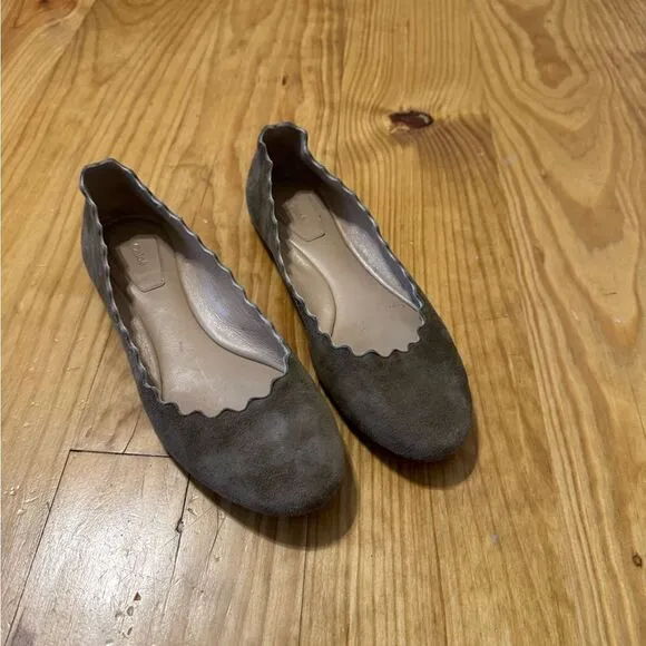 Chloe Women’s Shoes Beige Scalloped Suede Ballet Flats EUR 37/US 6.5