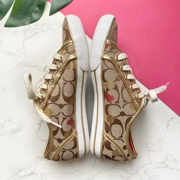 Coach Dee Secret Admirer Heart Monogram Gold Sneakers 7.5