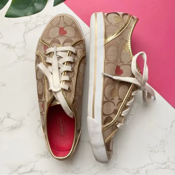 Coach Dee Secret Admirer Heart Monogram Gold Sneakers 7.5