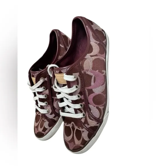 Coach Women’s 8B Signature C Burgundy Wine Monogram Canvas Sneakers.