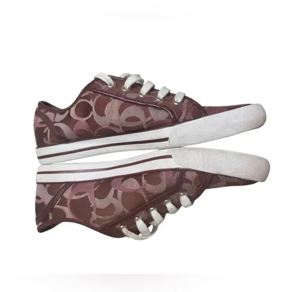 Coach Women’s 8B Signature C Burgundy Wine Monogram Canvas Sneakers.