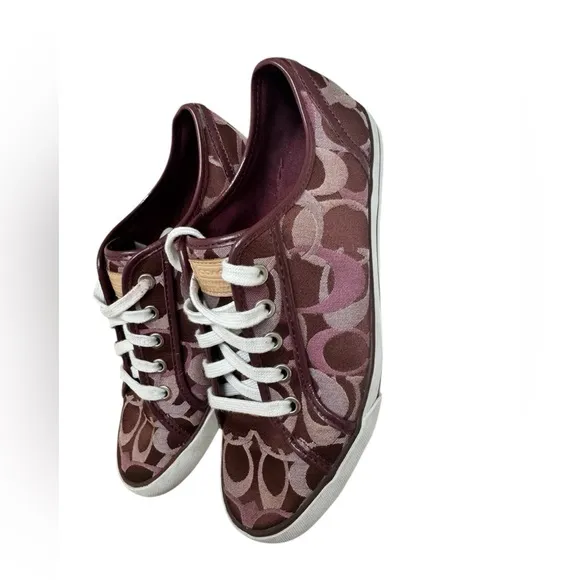 Coach Women’s 8B Signature C Burgundy Wine Monogram Canvas Sneakers.