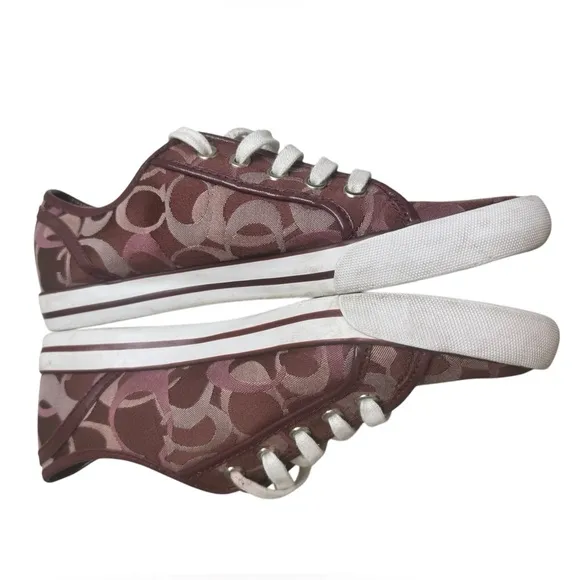 Coach Women’s 8B Signature C Burgundy Wine Monogram Canvas Sneakers.