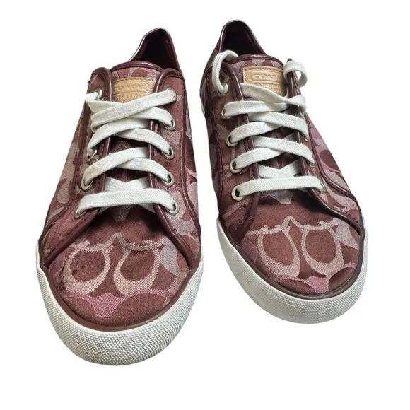 Coach Women’s 8B Signature C Burgundy Wine Monogram Canvas Sneakers.