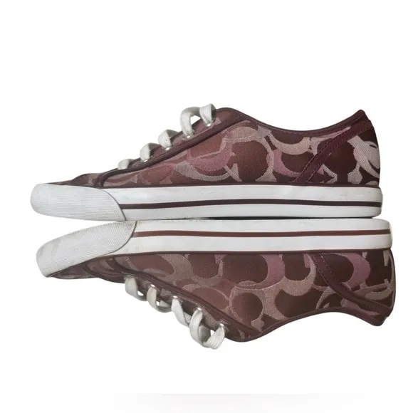 Coach Women’s 8B Signature C Burgundy Wine Monogram Canvas Sneakers.