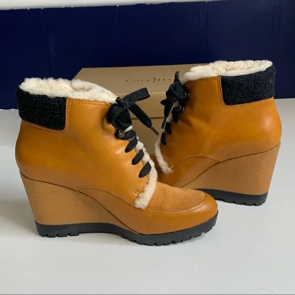 Cole Haan Henson Fur Leather Sheepskin Wedge Boots Size 7.5