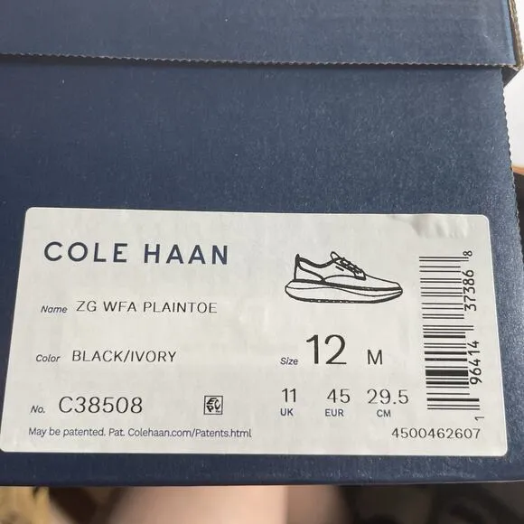 Cole Haan ZeroGrand WFA Plaintoe Men’s 12 M Black Leather Casual Dress Shoes NEW