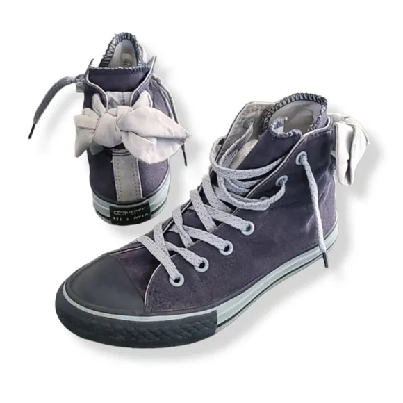 Converse All Star Hi Top Sneakers Girls 2 Blue Glitter Back Bows Double Tongue