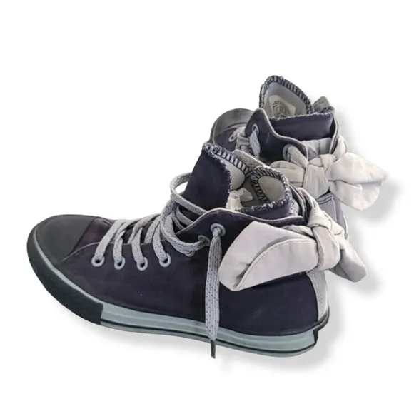 Converse All Star Hi Top Sneakers Girls 2 Blue Glitter Back Bows Double Tongue