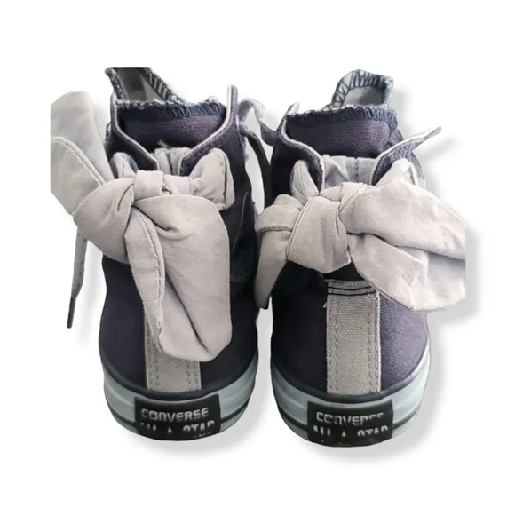 Converse All Star Hi Top Sneakers Girls 2 Blue Glitter Back Bows Double Tongue