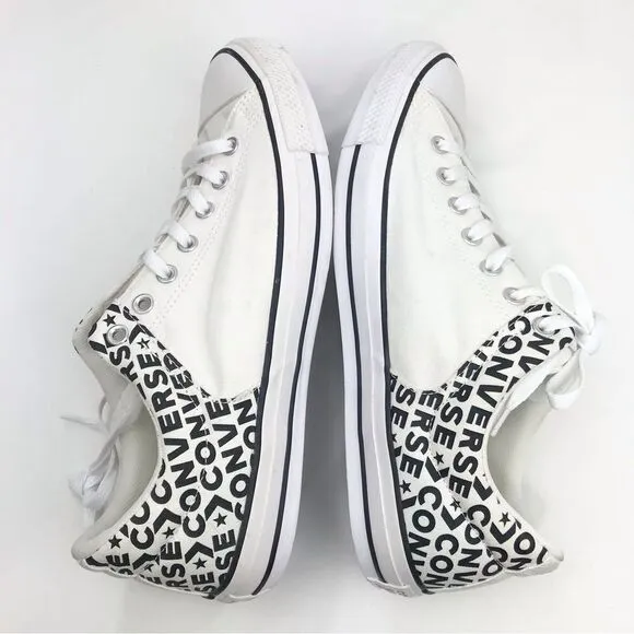 Converse Chuck Taylor All Star White Black Spellout Canvas Lace Up Sneakers