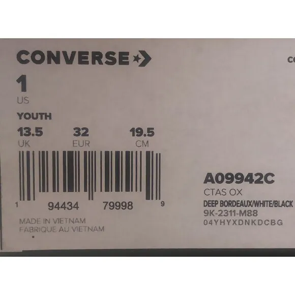 Converse Ox Canvas Sneaker 'Deep Bordeaux Youth Size 1 - 19.5 CM New