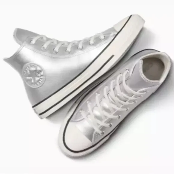 Converse Women's Chuck Taylor All Star Metallic Leather High Top Silver Shine  7