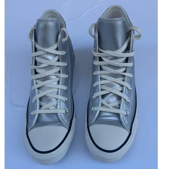 Converse Women's Chuck Taylor All Star Metallic Leather High Top Silver Shine  7
