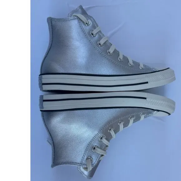 Converse Women's Chuck Taylor All Star Metallic Leather High Top Silver Shine  7