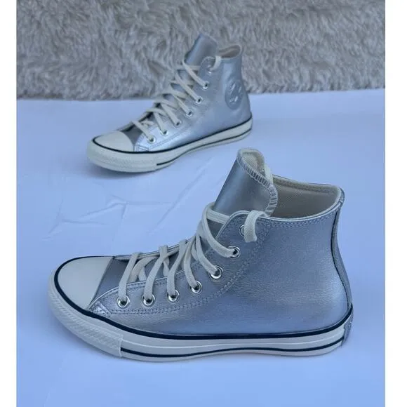 Converse Women's Chuck Taylor All Star Metallic Leather High Top Silver Shine  7