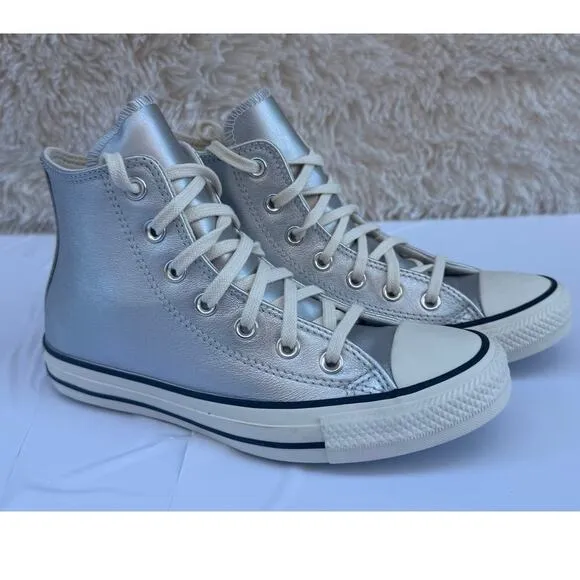 Converse Women's Chuck Taylor All Star Metallic Leather High Top Silver Shine  7