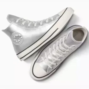 Converse Women's Chuck Taylor All Star Metallic Leather High Top Silver Shine  7