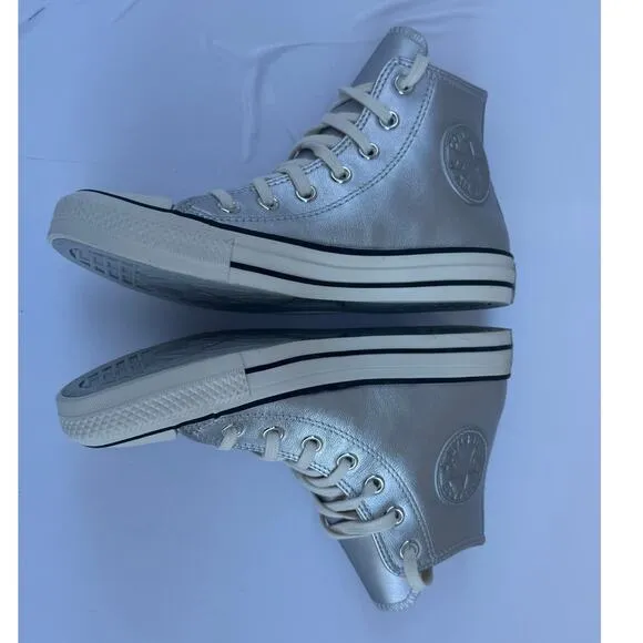 Converse Women's Chuck Taylor All Star Metallic Leather High Top Silver Shine  7
