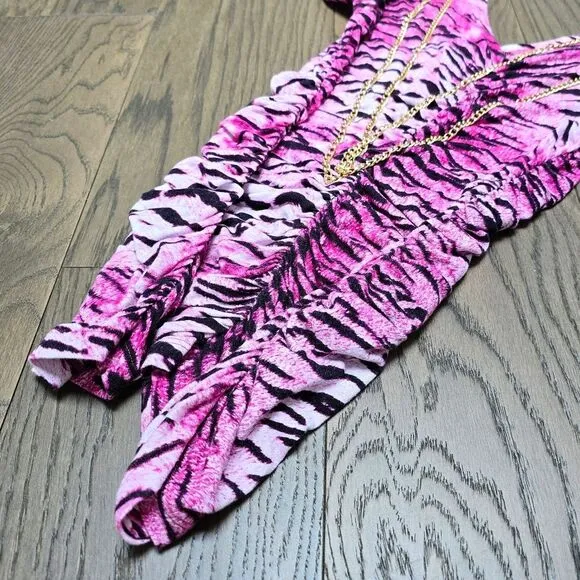 COOGI Y2K Ruched Plunge Zebra Print Mini Dress in Electric Hot Pink