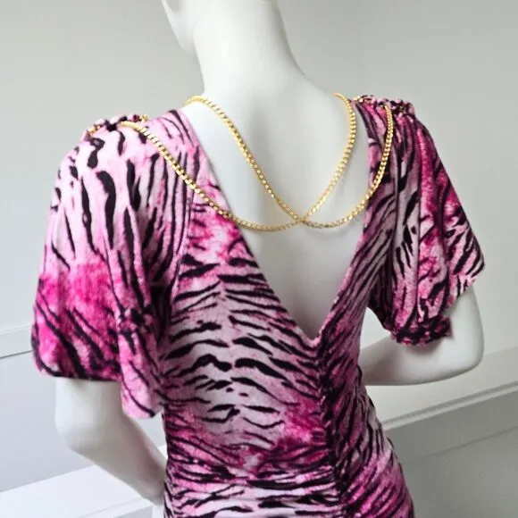 COOGI Y2K Ruched Plunge Zebra Print Mini Dress in Electric Hot Pink