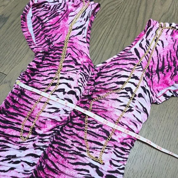 COOGI Y2K Ruched Plunge Zebra Print Mini Dress in Electric Hot Pink