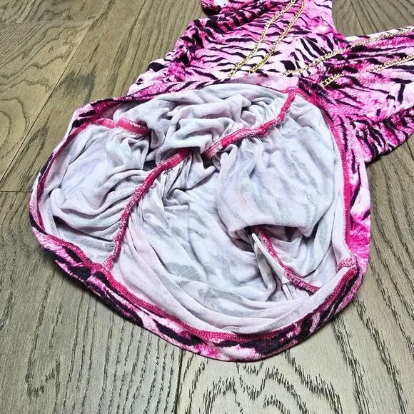 COOGI Y2K Ruched Plunge Zebra Print Mini Dress in Electric Hot Pink