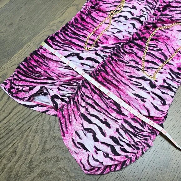 COOGI Y2K Ruched Plunge Zebra Print Mini Dress in Electric Hot Pink