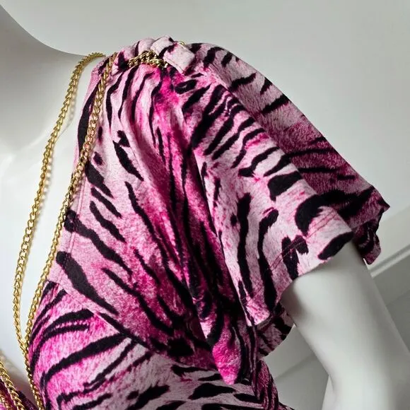 COOGI Y2K Ruched Plunge Zebra Print Mini Dress in Electric Hot Pink