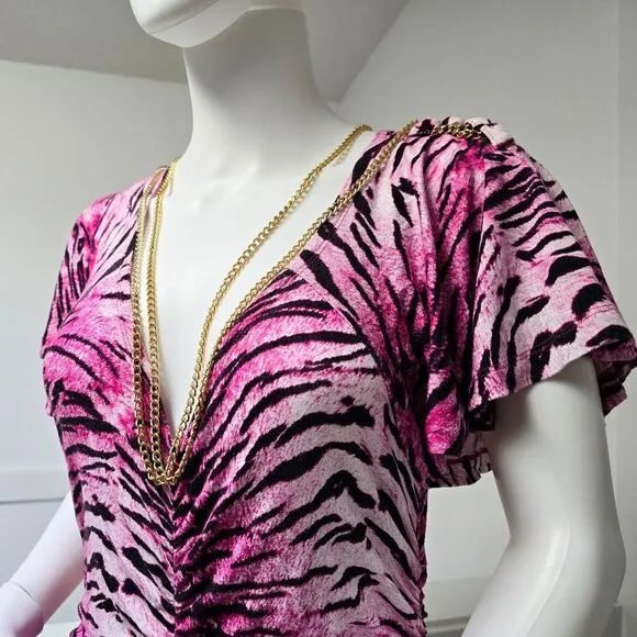 COOGI Y2K Ruched Plunge Zebra Print Mini Dress in Electric Hot Pink