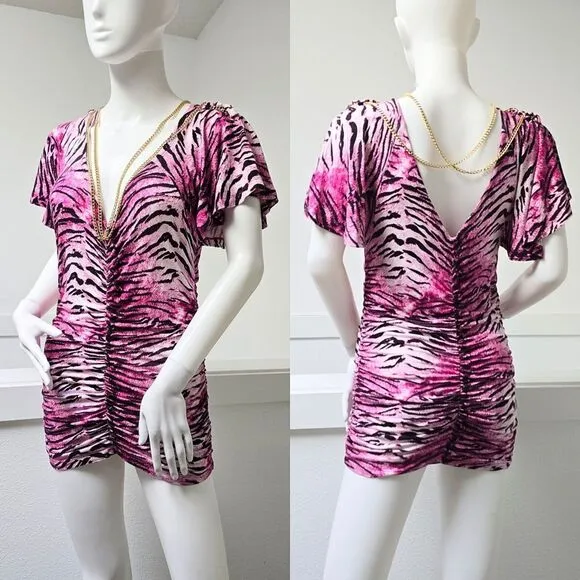 COOGI Y2K Ruched Plunge Zebra Print Mini Dress in Electric Hot Pink
