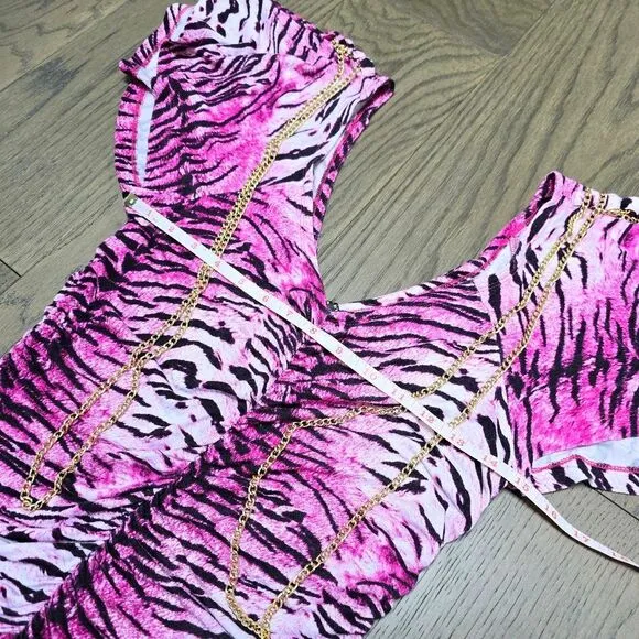 COOGI Y2K Ruched Plunge Zebra Print Mini Dress in Electric Hot Pink