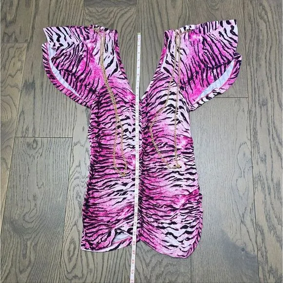 COOGI Y2K Ruched Plunge Zebra Print Mini Dress in Electric Hot Pink