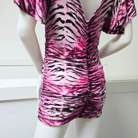 COOGI Y2K Ruched Plunge Zebra Print Mini Dress in Electric Hot Pink