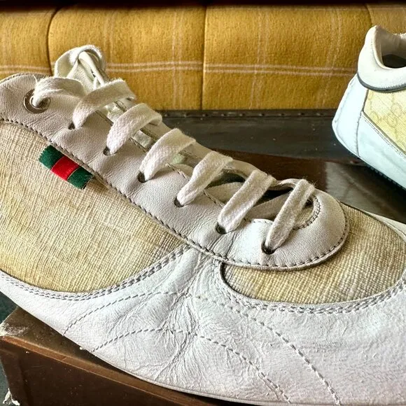 COPY - Gucci Sneakers - White Leather and Monogram Canvas - good  Condition