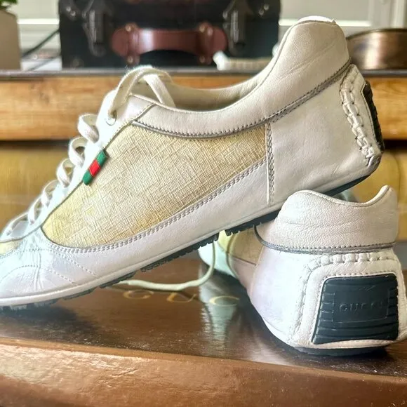 COPY - Gucci Sneakers - White Leather and Monogram Canvas - good  Condition