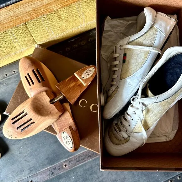 COPY - Gucci Sneakers - White Leather and Monogram Canvas - good  Condition