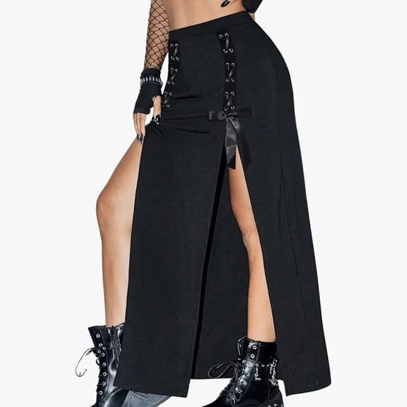 Corset lace up sides long high waisted skirt goth punk sexy club bondage slits
