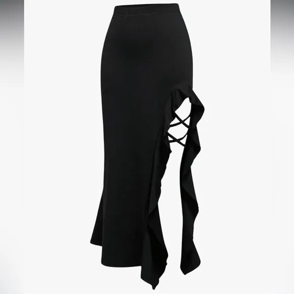 Corset strap sides long high waisted skirt goth punk sexy club bondage ruffle