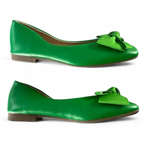 C.Paravano Kelley Green Bowknot Soft Leather Square Toe Flats Size 7 New