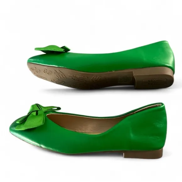 C.Paravano Kelley Green Bowknot Soft Leather Square Toe Flats Size 7 New