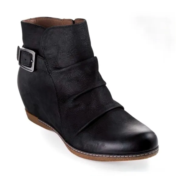 DANSKO | Lia Hidden Wedge Black Burnished Nubuck Leather Bootie | 9.5-10