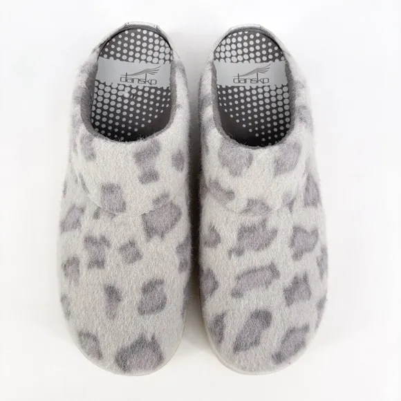 DANSKO | Lucie Fur Wool Blend Grey Leopard Print Slipper Mules | Sz 9.5-10