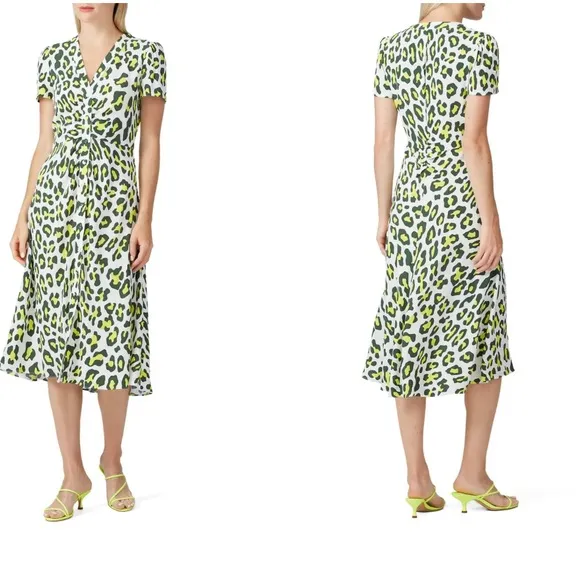 Diane Von Furstenberg Cecilia Neon leopard print Midi Dress green white size XS
